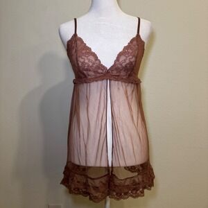 Victoria's Secret Babydoll Chemise Lace Trim Sheer Brown Size S